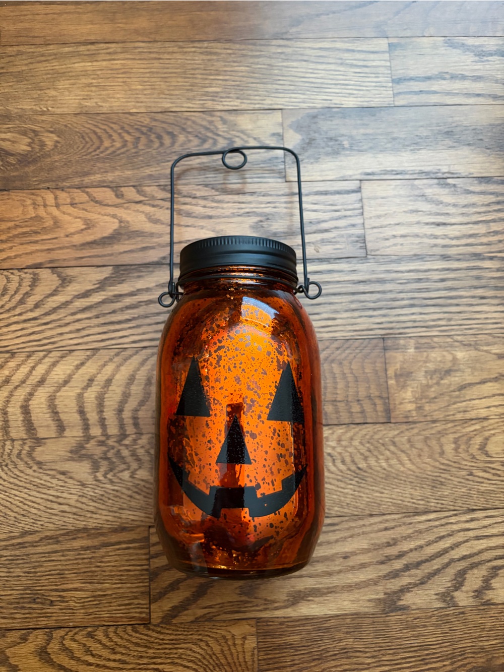 Orange Glass Jar Jack-O-Lantern Face Halloween Fall Decor Candle Holder